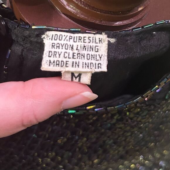 Vintage Black Beaded Blouse 100% Silk Sequin Rainbow Sparkly Retro 80s Sz Medium - Picture 9 of 12